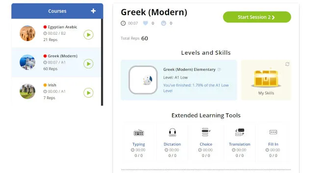 Glossika language learning dashboard